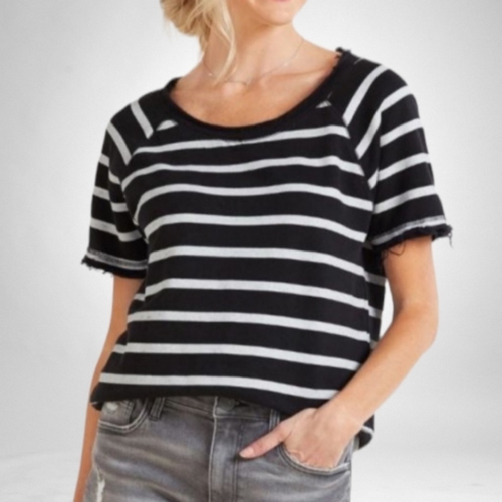 NWT Evereve Chaser Linen French Terry Short Sleeve Sweatshirt Striped Tee Size S - Picture 7 of 7